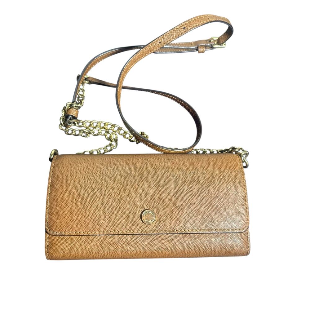 Michael Kors Leather Wallet Crossbody Bag Tan Chain Strap Saffiano Leather
